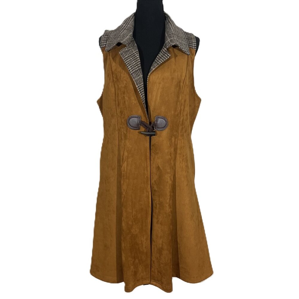 TAN ULTRA SUEDE PLAID FLANNEL COLLAR WITH FAUX LEATHER TOGGLE CLOSING DUSTER